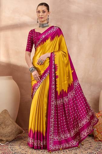Yellow color ready to wear semi modal saree with unstitched designer blouse