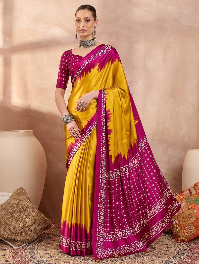 Yellow color ready to wear semi modal saree with unstitched designer blouse