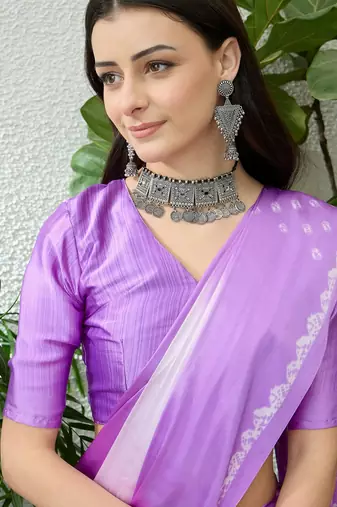 Lavender color Readymade semi modal saree with unstitched designer blouse