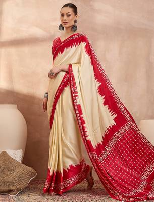 Cream color Readymade semi modal saree with unstitched designer blouse 1