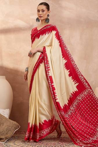 Cream color ready to wear semi modal saree with unstitched designer blouse