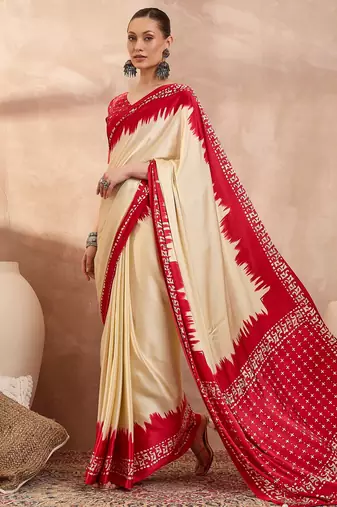 Cream color ready to wear semi modal saree with unstitched designer blouse