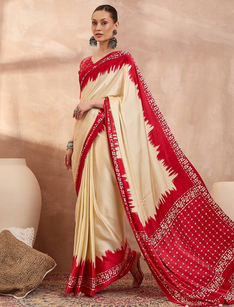 Cream color ready to wear semi modal saree with unstitched designer blouse