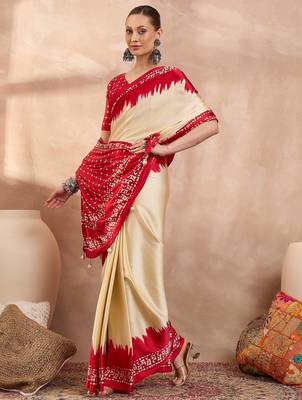 Cream color Readymade semi modal saree with unstitched designer blouse 2