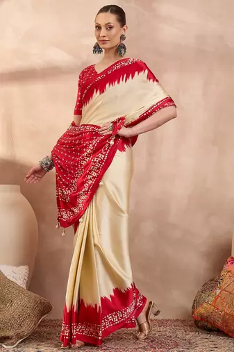 Cream color Readymade semi modal saree with unstitched designer blouse