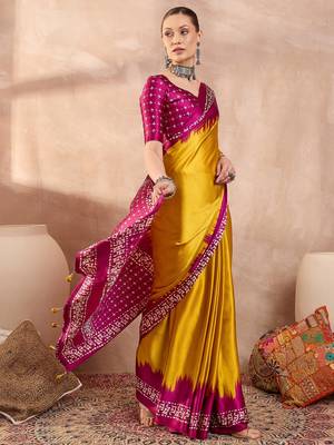 Yellow colorReadymade semi modal saree with unstitched designer blouse 3