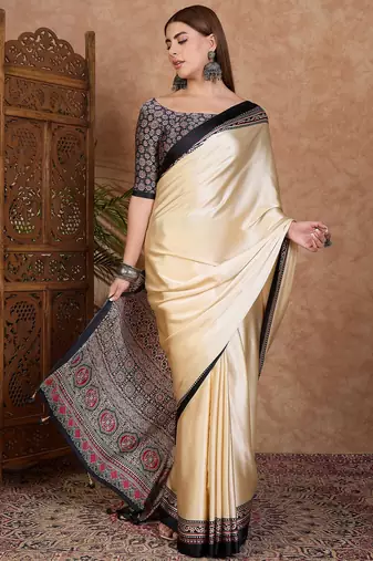 Black color Readymade semi modal saree with unstitched designer blouse