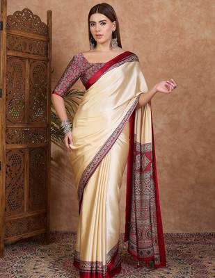 Red color Readymade semi modal saree with unstitched designer blouse 1