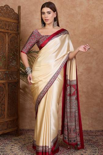 Red color ready to wear semi modal saree with unstitched designer blouse