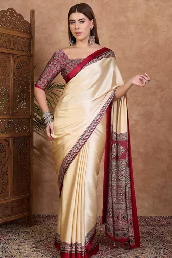 Red color ready to wear semi modal saree with unstitched designer blouse