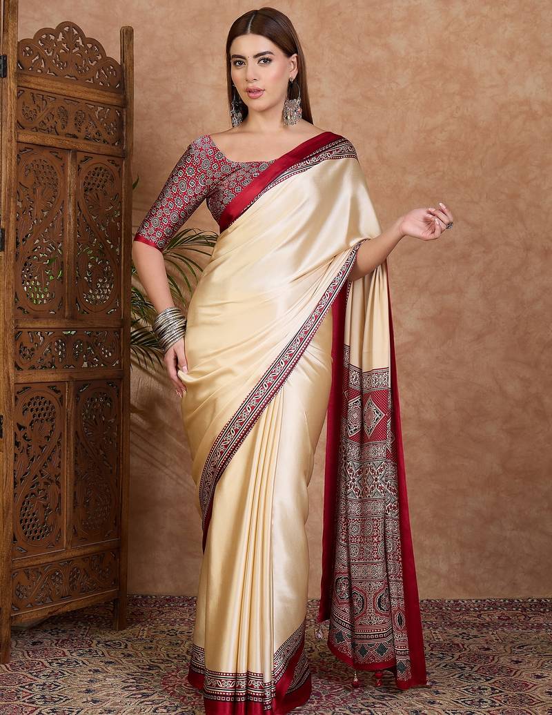 Red color ready to wear semi modal saree with unstitched designer blouse