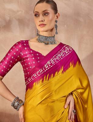 Yellow colorReadymade semi modal saree with unstitched designer blouse 5