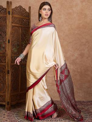 Red color Readymade semi modal saree with unstitched designer blouse 2