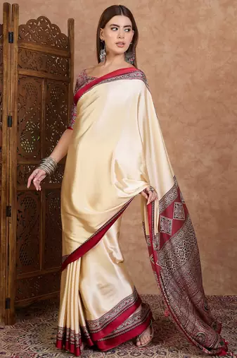 Red color Readymade semi modal saree with unstitched designer blouse