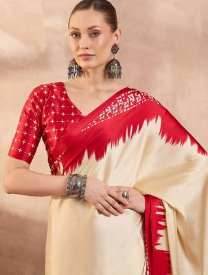 Cream color Readymade semi modal saree with unstitched designer blouse 4