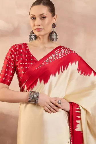 Cream color Readymade semi modal saree with unstitched designer blouse