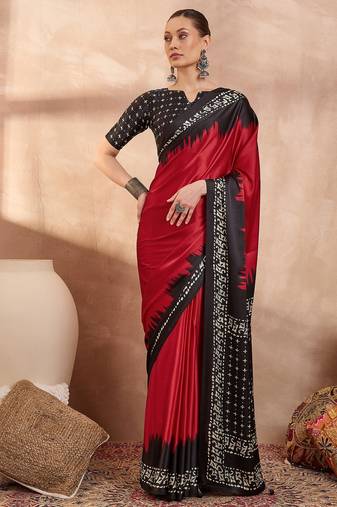 red ready to wear semi modal saree with designer blouse