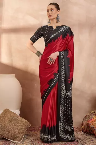 Red color ready to wear semi modal saree with unstitched designer blouse