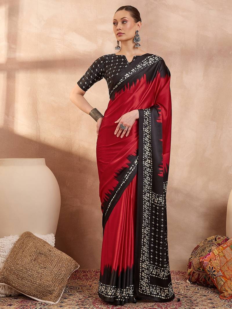Red color ready to wear semi modal saree with unstitched designer blouse