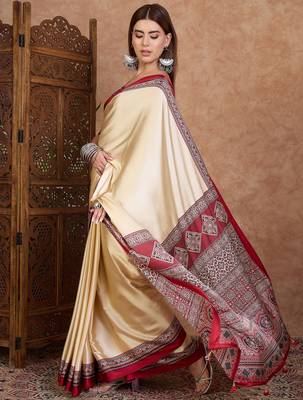 Red color Readymade semi modal saree with unstitched designer blouse 3
