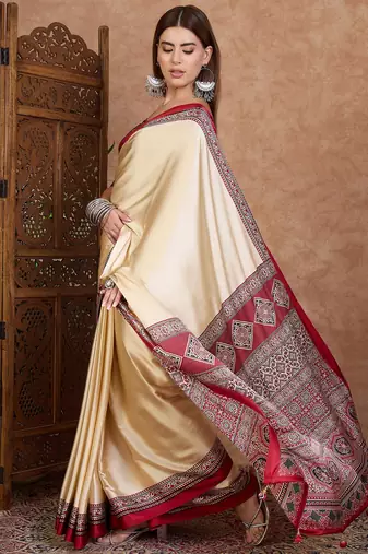 Red color Readymade semi modal saree with unstitched designer blouse
