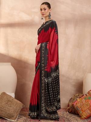 red ready to wear semi modal saree with designer blouse 2