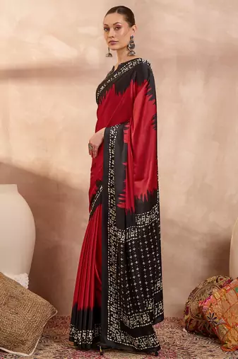 red ready to wear semi modal saree with designer blouse
