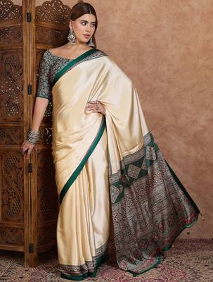 Green color ready to wear semi modal saree with unstitched designer blouse 1