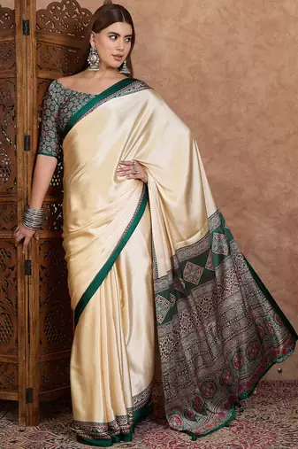 Green color ready to wear semi modal saree with unstitched designer blouse