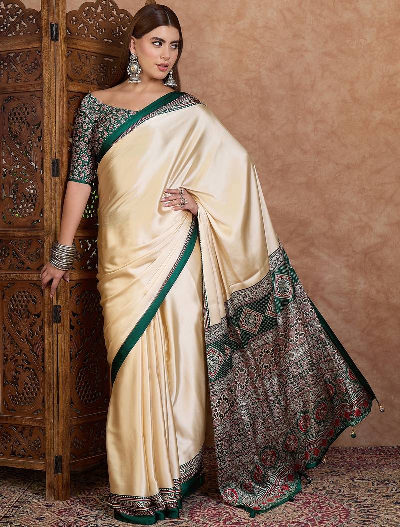 Green color ready to wear semi modal saree with unstitched designer blouse