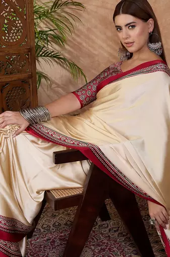 Red color Readymade semi modal saree with unstitched designer blouse