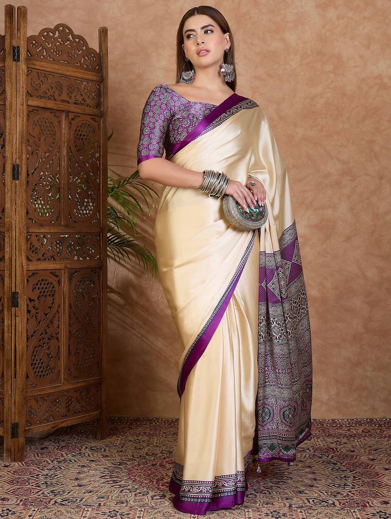 Purple color ready to wear semi modal saree with unstitched designer blouse