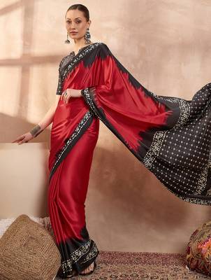 red ready to wear semi modal saree with designer blouse 3