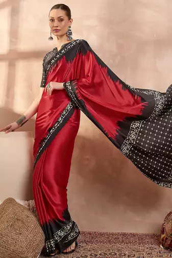 red ready to wear semi modal saree with designer blouse