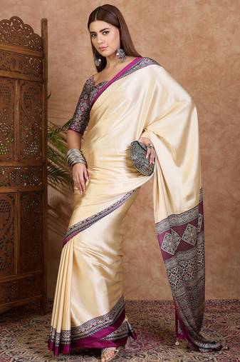 Wine color ready to wear semi modal saree with unstitched designer blouse