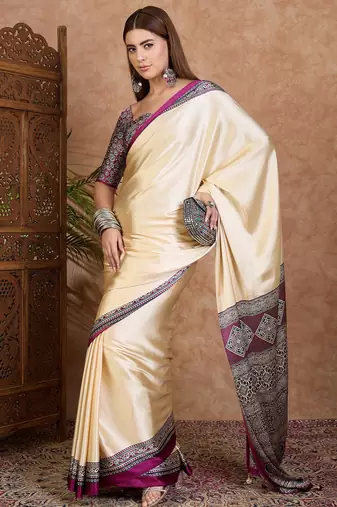 Wine color ready to wear semi modal saree with unstitched designer blouse