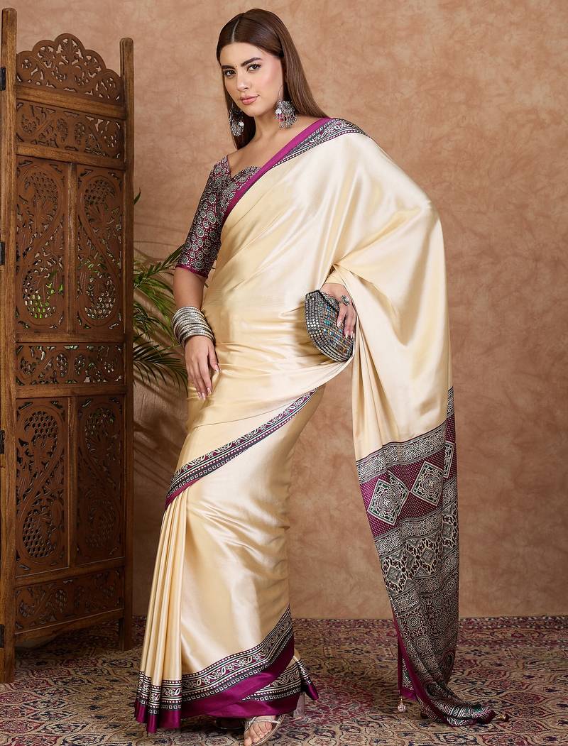 Wine color ready to wear semi modal saree with unstitched designer blouse