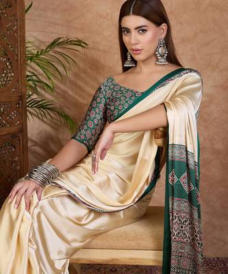 Green color ready to wear semi modal saree with unstitched designer blouse 2