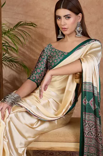 Green color ready to wear semi modal saree with unstitched designer blouse