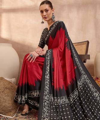 red ready to wear semi modal saree with designer blouse 4