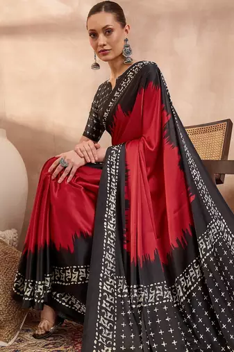 red ready to wear semi modal saree with designer blouse