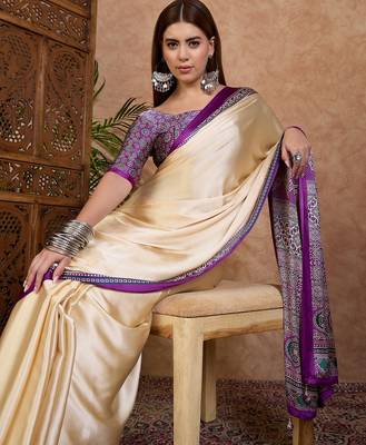 Purple color ready to wear semi modal saree with unstitched designer blouse 2