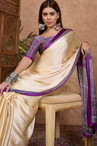 Purple color ready to wear semi modal saree with unstitched designer blouse