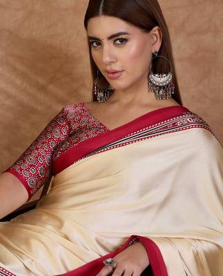 Red color Readymade semi modal saree with unstitched designer blouse 5