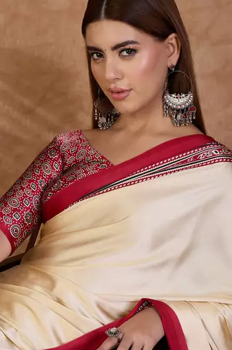 Red color Readymade semi modal saree with unstitched designer blouse