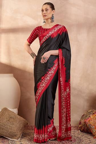 Black color ready to wear semi modal saree with unstitched designer blouse