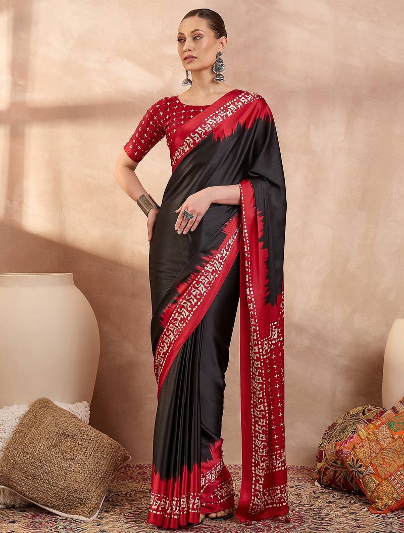 Black color ready to wear semi modal saree with unstitched designer blouse