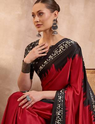 red ready to wear semi modal saree with designer blouse 5