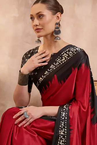 red ready to wear semi modal saree with designer blouse