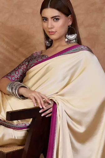 Wine color ready to wear semi modal saree with unstitched designer blouse